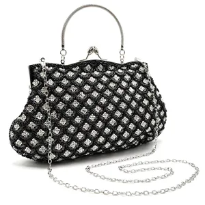 Elegant black beaded evening clutch bag with metal handle and chain strap for women.