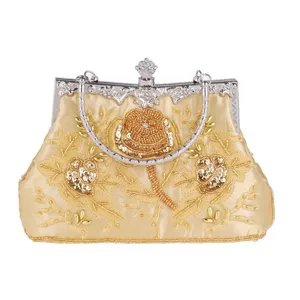 Vintage gold beaded banquet bag, elegant floral embroidered clutch for evening dresses and qipao.