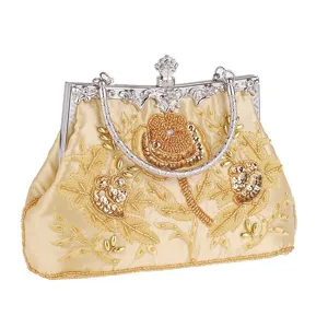 Vintage gold beaded evening clutch bag elegant floral embroidered handbag for banquet party
