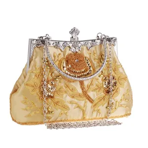 Vintage Beaded Evening Bag Gold Banquet Clutch Purse Elegant Wedding Bridal Handbag with Chain