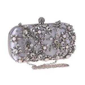 Women Fashion Evening Bag Rhinestone Pearl Box Clutch Luxury Satin Wedding Party Handbag With Chain Strap