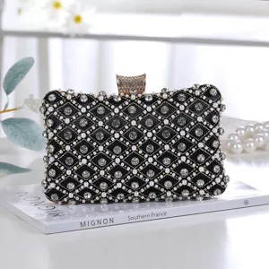 Elegant black beaded evening clutch bag with rhinestones, perfect for parties and formal events.