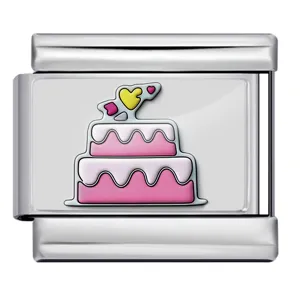 Stainless steel Italian charm link with pink cake and heart enamel design for DIY bracelet.