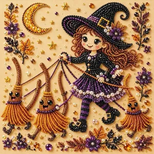 Vista detallada del kit de pintura de diamante bruja de Halloween con cuentas y escoba.