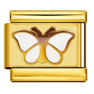 Gold stainless steel Italian charm bracelet link with white butterfly design DIY jewelry piece