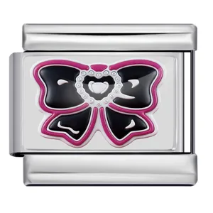Stainless steel Italian charm bracelet link featuring a black and pink bow design.