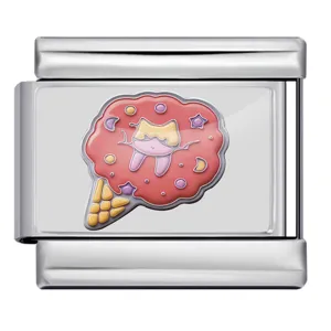 Stainless steel Italian charm bracelet link with cute pink ice cream enamel design for DIY jewelry.