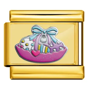 Gold stainless steel Italian modular charm link with cute gift basket enamel pattern for DIY bracelet.
