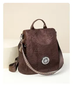 Stylish brown anti-theft women backpack with patterned strap, casual travel daypack.