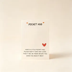 Pocket Hug inspirational greeting card detail, heartwarming quote packaging card for gifts and crafts.