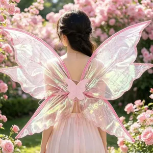 Pink fairy butterfly wings detail view, beautiful iridescent cosplay costume prop for adult parties.