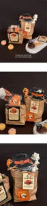 Halloween witch hat header card kraft paper bag gift packaging set with pumpkin candle.