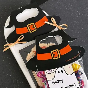 Halloween witch hat paper treat bag toppers for party decoration and packaging cards.