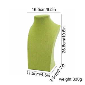 Busto espositore per collane in lino verde, supporto per vetrina di gioielli, altezza 26.8cm.