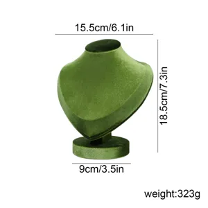 Green velvet necklace display bust detail view showing precise dimensions and weight specification.