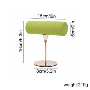 Espositore per gioielli in lino verde a T con base in metallo dorato per bracciali collane