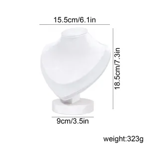 White velvet necklace display bust with dimension specs, premium jewelry holder stand.