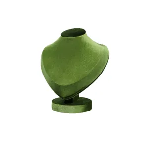 Green velvet necklace display bust stand for jewelry retail showcase and home organizer use.