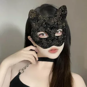Halloween black gold cat mask masquerade lace party half face eye mask for women