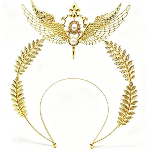 Gold angel wings halo headband pearl hair accessory for DIY party hair styling detail view