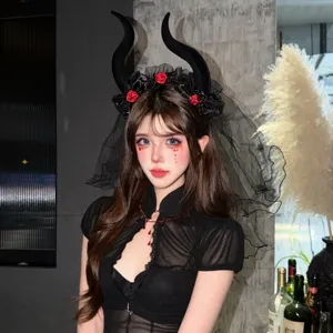 Close-up detail shot of the Halloween devil horn headband featuring black lace, red roses, and veil.