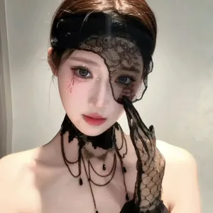 Schwarze Spitzen Gesichtsmaske Stirnband Halloween Party Cosplay Gothic Y2K Accessoires neu