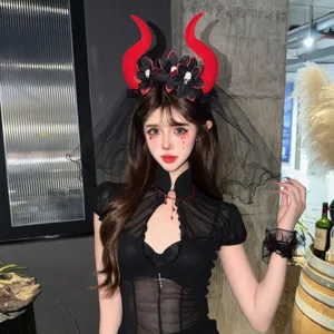 Halloween devil horn headband with black veil, great for party photo props and festive decor.