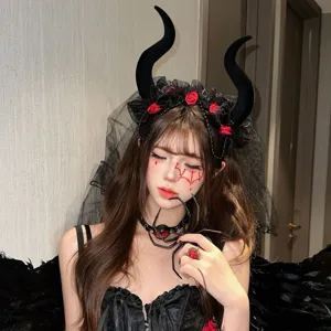 Halloween devil horn headband with black veil and red roses, gothic party hair accessory.