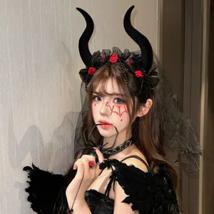 Halloween demon horn headband with black veil and red roses, perfect party costume accessory.