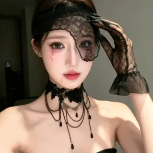 Gothic Schwarz Spitze Halb Gesicht Schleier Stirnband Mit Fingerlose Handschuhe Kropfband Kette Y2K Punk Halloween Party Kostüm Haar Zubehör
