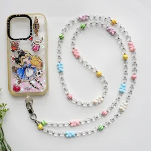 Cinturino per telefono con perline e ciondolo orsetto carino e cover protettiva trasparente.