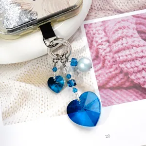 Pendentif de téléphone et de sac en cristal bleu en forme de cœur, accessoire mignon pour femmes.