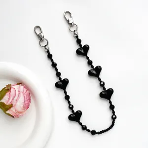 Minimalistische schwarze Herz Kristall Perlen Handy Kette und Taschenanhänger mit Doppelclips.