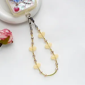 Niedliche gelbe Herzperlen Handykette Zubehör, Kristall Doppel Schnalle Tasche Anhänger Detail
