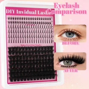 Nahaufnahme Detail der DIY Einzelwimpern Palette mit verschiedenen Längen und Vorher Nachher.
