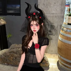 Halloween devil horn headband with black veil and red roses, perfect for party photo props.