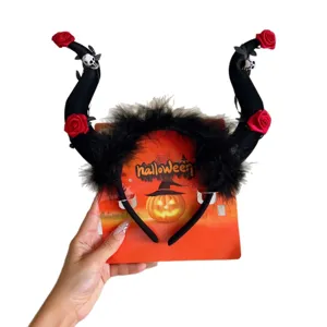 Halloween devil horn headband with black feathers red roses and skulls for party costume props.
