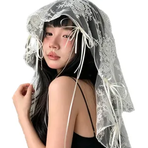Franse vintage kant sluier bruid hoofdtooi met witte strikken voor vrouwen haaraccessoires
