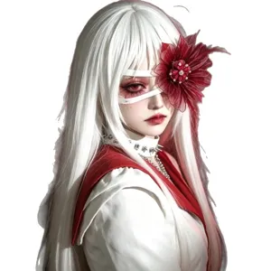 Parrucca bianca cosplay gotica scura benda fiore rosso e girocollo punk per foto di Halloween.
