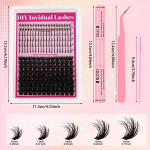 DIY Wimpernverlängerung Set mit gemischten Längen, Kleber, Versiegelung und Pinzette.