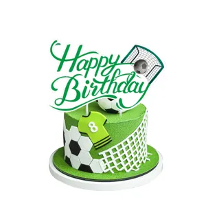 Football birthday cake topper set with green soccer ball design for party decoration.