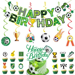 Soccer birthday party decoration set including happy birthday banner cake toppers swirls