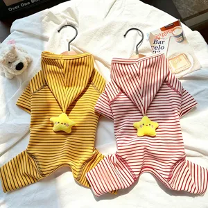 Pet Dog Striped Hooded Jumpsuit Cute Star Decoration Belly Clothes For Small Medium Dogs Cats Home Warm Knitted Romper