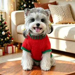 Detalle del jersey navideño festivo rojo y verde para mascotas, gatos y perros pequeños.
