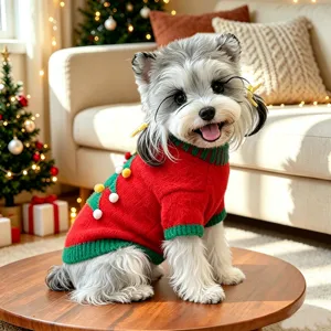 Vista detallada del jersey de navidad para mascotas con tejido rojo y pompones coloridos lindos.