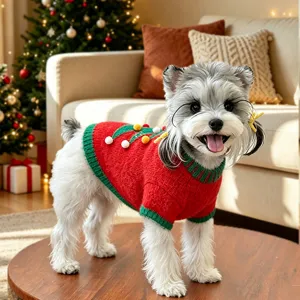Sueter navideño para mascotas rojo verde tejido ropa calida para gatos y cachorros detalle