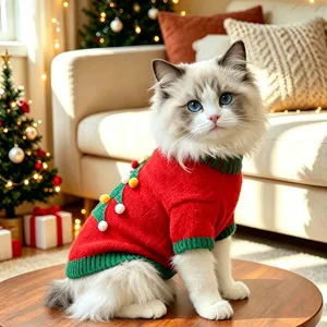 Vista detallada de suéter navideño de punto para gatos, ropa festiva para mascotas de invierno.