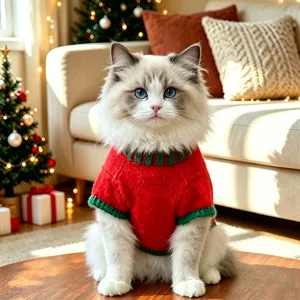 Suéter de Navidad para gato otoño invierno, prenda de punto rojo y verde, detalle.