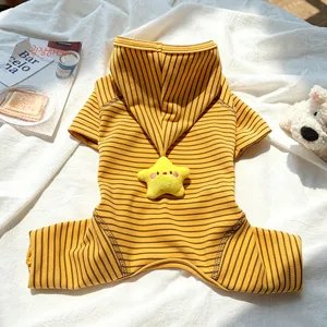 Cute striped pet dog cat hoodie jumpsuit with star toy, comfortable cotton apparel for small pets.