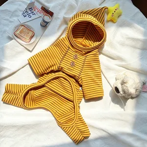 Yellow striped pet hooded onesie with buttons for small dogs and cats, comfortable home apparel.